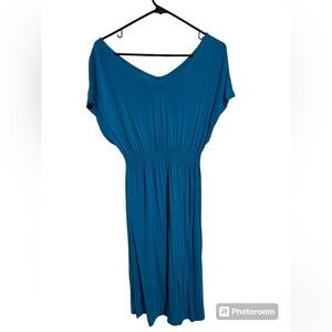 Turquoise Summer Dress /v-neck/elastic waistband